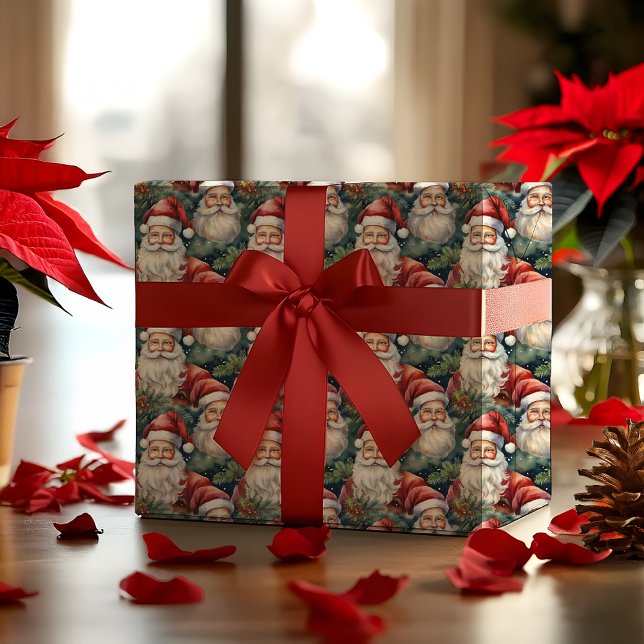 Papier Cadeau Nostalgique Vintage Look Santas Noël (Elegant Nostalgic Vintage Look Santas Pattern Christmas Holiday Wrapping Paper)