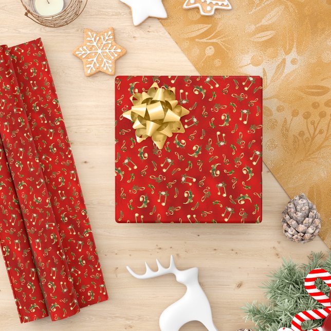 Papier Cadeau Notes de musique de Noël Fête de métal rouge (Créateur téléchargé)