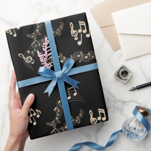 Papier Cadeau Notes de musique dorées sur fond noir moyen