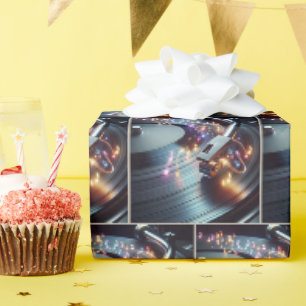 Papier Cadeau Notes musicales de Neon sur le Tourne-disque