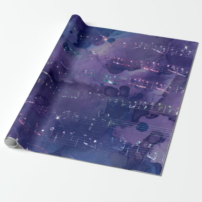 Papier Cadeau Notes musicales d'Iridescente sur le violet (Déroulé)