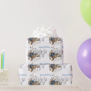 Papier Cadeau Notes musicales Échelle Bleu Aquarelle Fleurs