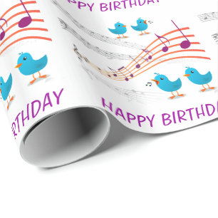 Papier Cadeau Notes musicales Oiseaux bleus Joyeux Anniversaire