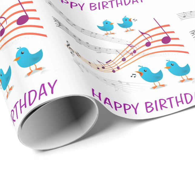 Papier Cadeau Notes musicales Oiseaux bleus Joyeux Anniversaire  (Coin rond)