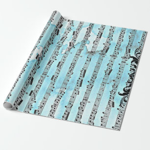 Papier Cadeau Notes musicales Papier d'enveloppement bleu, 30 po
