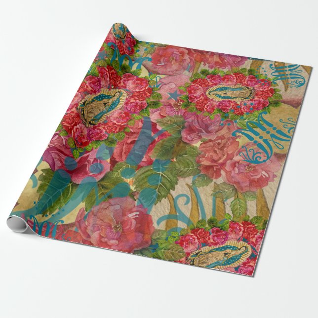 Papier Cadeau Notre-Dame de Guadalupe & Roses (Déroulé)