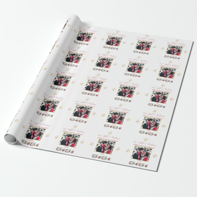 Papier Cadeau Notre premier Mariage photo floral de Noël (Déroulé)