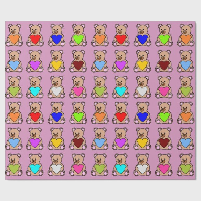Papier Cadeau Nounours de coeur rose (Plat)