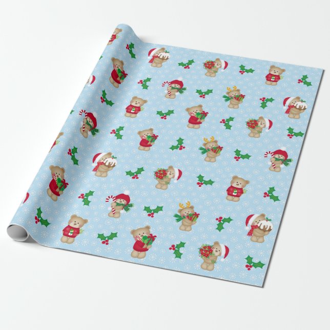 Papier Cadeau Nounours De Noël Et Holly (Déroulé)