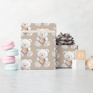 Papier Cadeau Nounours en peluche coeurs blanc crème Baby Shower