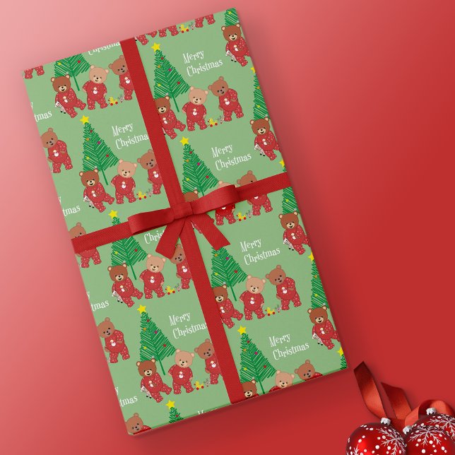 Papier Cadeau Nounours modernes en pyjama de Noël avec arbre (3 Toddler Teddies In Baby Gros Wrapping Paper)