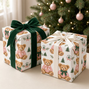 Papier Cadeau Nounours ourson rose vert Noël