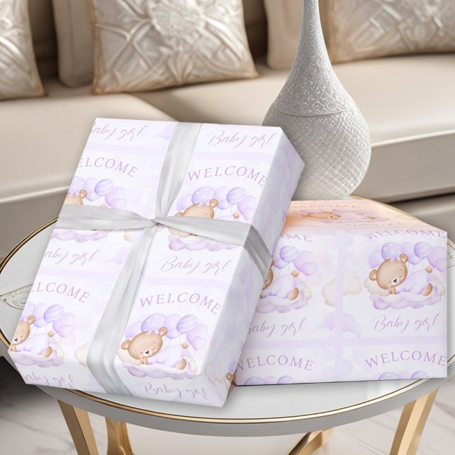 Papier Cadeau Nouveau-né Baby Fille Nom Purple Lavender Ours (Newborn Baby Girl Name Purple Lavender Bear Wrapping Paper)