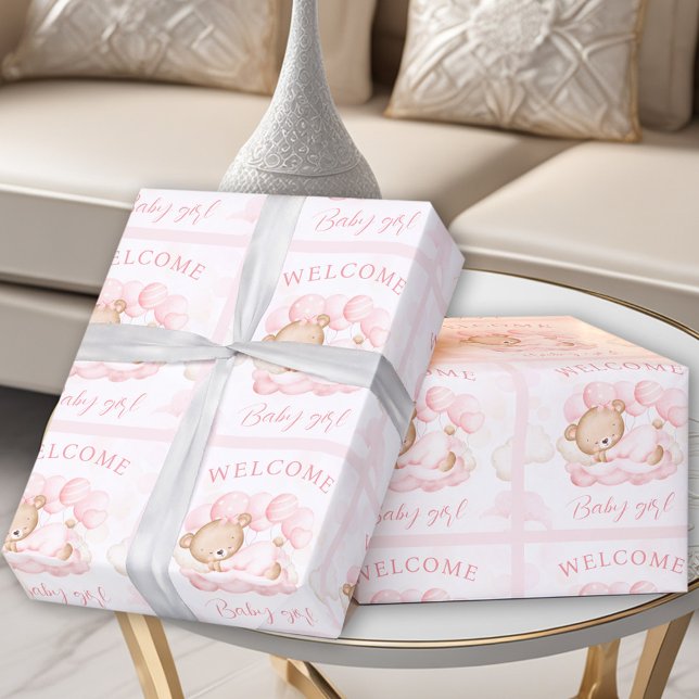 Papier Cadeau Nouveau-né Baby Girl Nom Ours rose (Newborn Baby Girl Name Pink Bear Wrapping Paper)