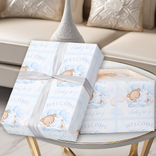 Papier Cadeau Nouveau-né Bébé Nom du garçon Ours bleu