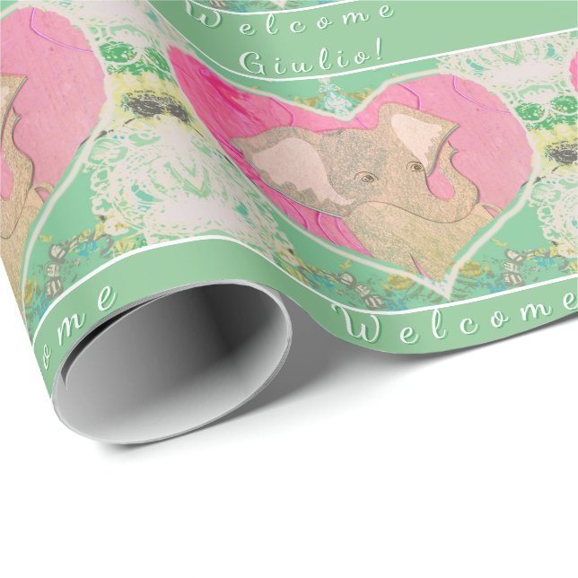 Papier Cadeau Nouveau papier d'enveloppement rose vert éléphant  (Coin rond)