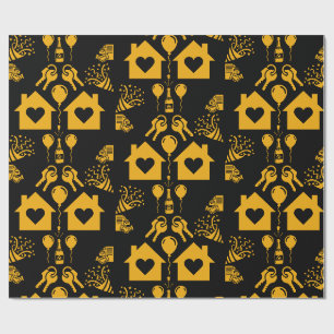 Papier Cadeau Nouvelle Maison Chauffe-Maison Jaune Sur Fond Noir