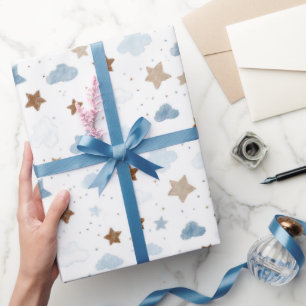Papier Cadeau Nuages Bleus Étoiles Dorées Sur Fond Blanc Baby Sh