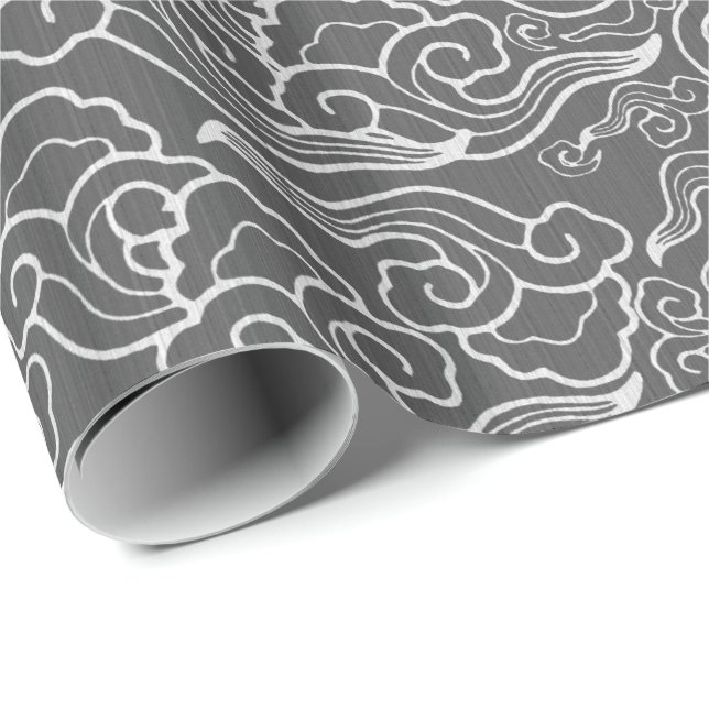 Papier Cadeau Nuages japonais vintages, gris de graphite/gris (Coin rond)
