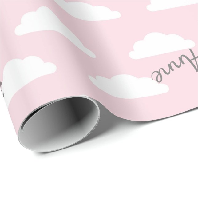 Papier Cadeau nuages pastel rose fluffy message personnalisé (Coin rond)