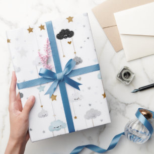 Papier Cadeau Nuages souriants bleus et gris Étoiles dorées