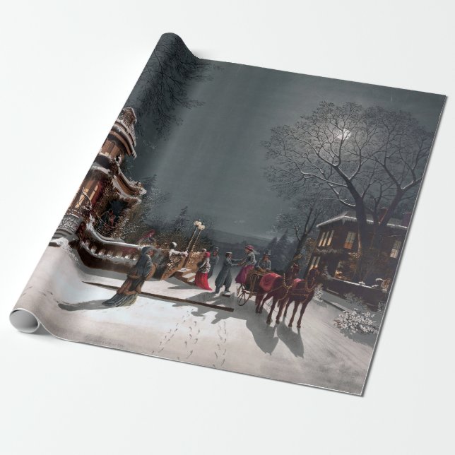 Papier Cadeau Nuit de Noël d'hiver vintage au clair de lune (Déroulé)
