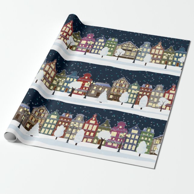 Papier Cadeau Nuit de Noël - Paysage de neige de la ville (Déroulé)