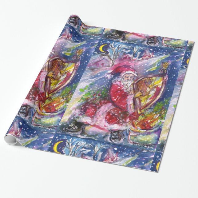 PAPIER CADEAU NUIT DE NOËL, SANTA CLAUS JOUANT AU HARP (Déroulé)