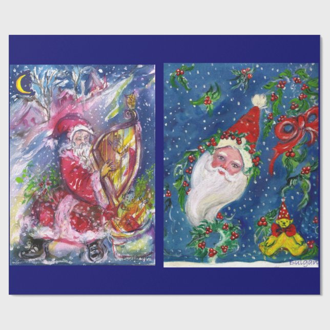 PAPIER CADEAU NUIT DE NOËL /SANTA CLAUS JOUER AU HARP (Plat)