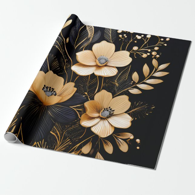 Papier Cadeau Nuit florale : Motifs noir et or (Déroulé)