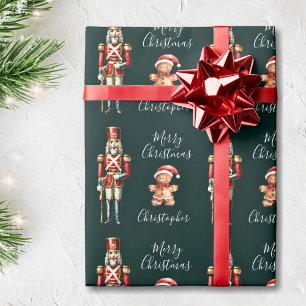 Papier Cadeau Nutcracker mignon vert foncé Noël personnalisé