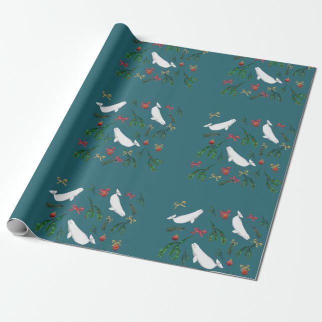 Papier Cadeau O Motif d'illustrations de baleines béluga de Noël (Déroulé)