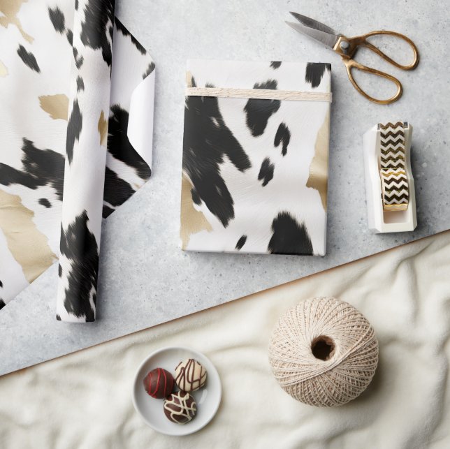 Papier Cadeau Occidental Black White Glam Gold Cowhal Anniversai (Artisanat)