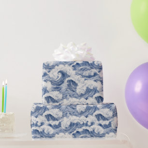 Papier Cadeau Océan Bleu Blanc Vagues Anniversaire