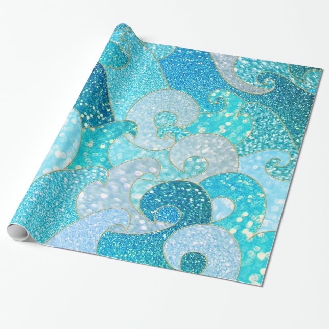 Papier Cadeau Océan turquoise d'or de sirène de Faux de Mer (Déroulé)