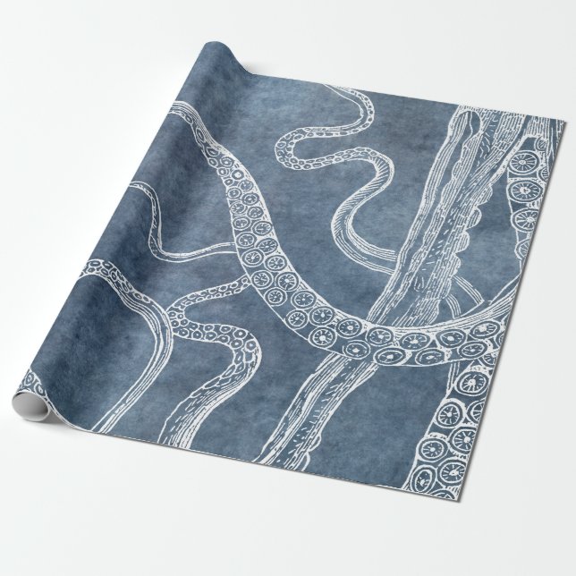 Papier Cadeau Octopus - Bleu Twilight - Aquarelle Denim (Déroulé)
