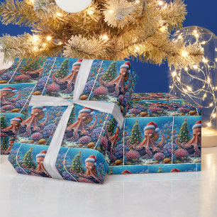 Papier Cadeau Octopus de Noël portant un chapeau de Père Noël