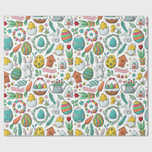 Papier Cadeau Oeufs colorés mignons Lapin Printemps Motif Pâques