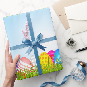 Papier Cadeau Œufs de Pâques Colorés dans l'Herbe