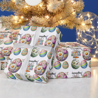 Papier Cadeau Œufs de Pâques Colorés Motif Nom Personnalisé
