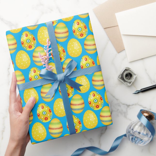 Papier Cadeau Oeufs De Pâques Jaunes Sur Aqua (Cadeaux)