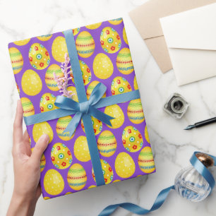 Papier Cadeau Oeufs De Pâques Jaunes Sur Violet