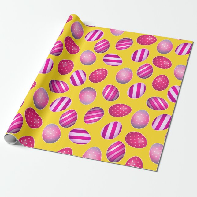 Papier Cadeau Oeufs de Pâques Motif jaune et rose (Déroulé)