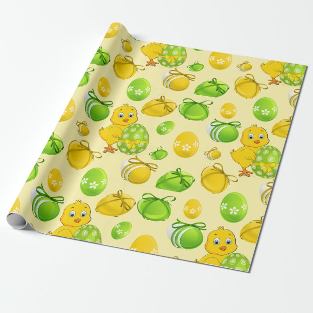 Papier Cadeau Oeufs de Pâques Petit Motif de poulet (Déroulé)