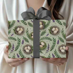 Papier Cadeau Œufs de Pâques Vert Sauge Simple Nid de Lavande