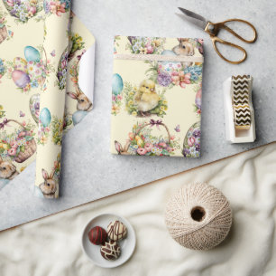 Papier Cadeau Oeufs Pâques Pastel, Lapin, Poulets Floraux Jaunes