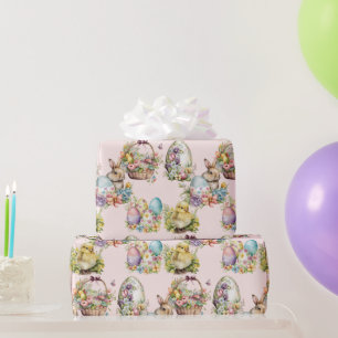 Papier Cadeau Oeufs Pâques Pastel, Lapin, Poussin Floral Rose