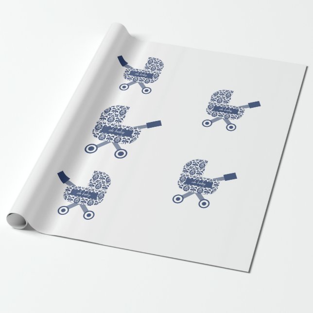 Papier Cadeau Oh Baby Navy Pram Baby shower (Déroulé)