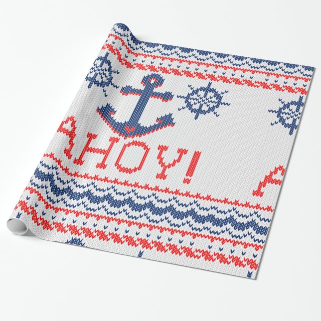 Papier Cadeau OH style nautique de chandail de Noël de Knit (Déroulé)