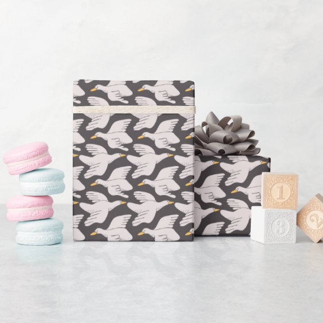 Papier Cadeau Oie caricaturale blanche Motif géométrique gris fo (Baby Shower)